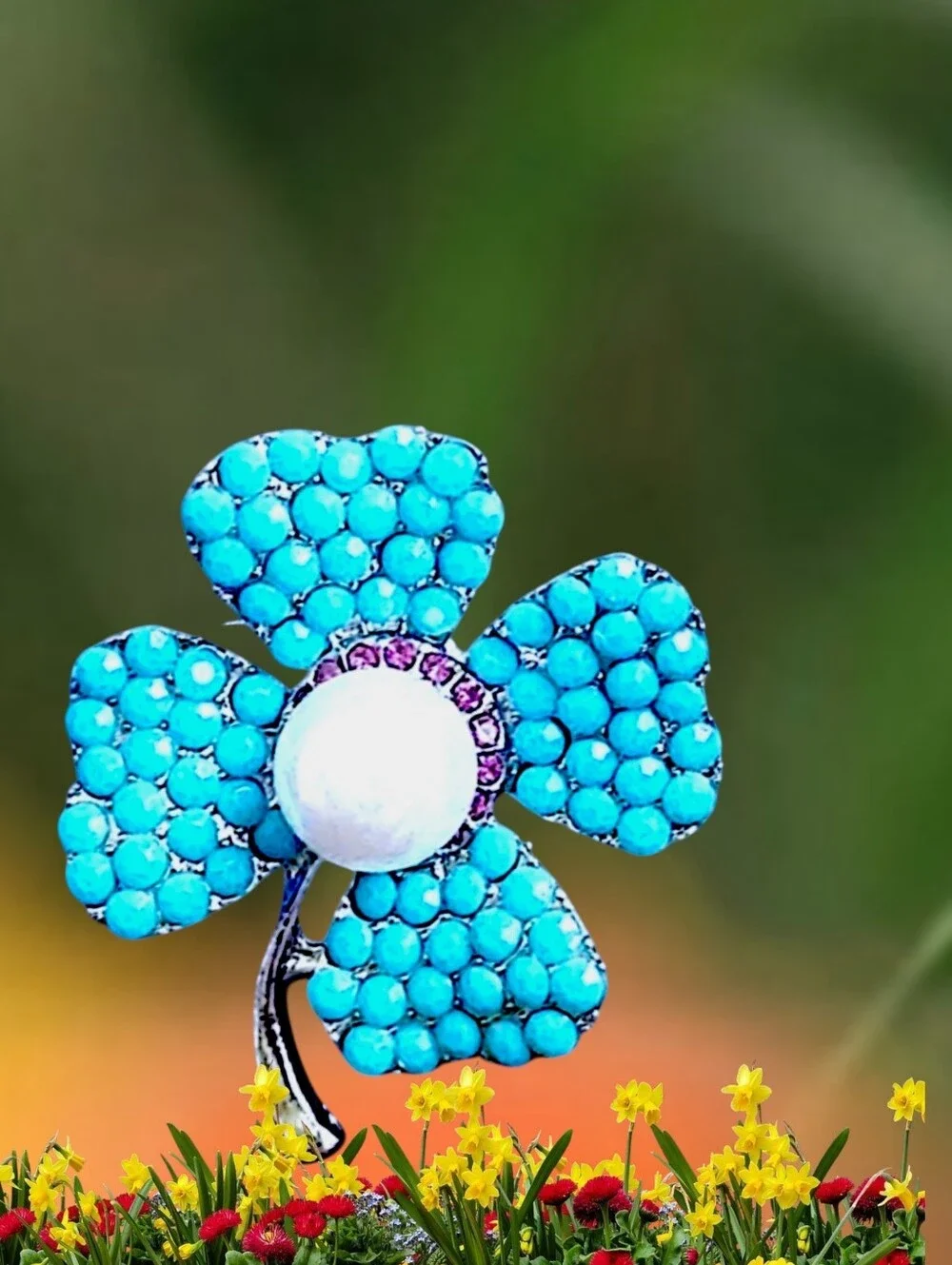 Turquoise Acrylic Beaded Clover Brooch